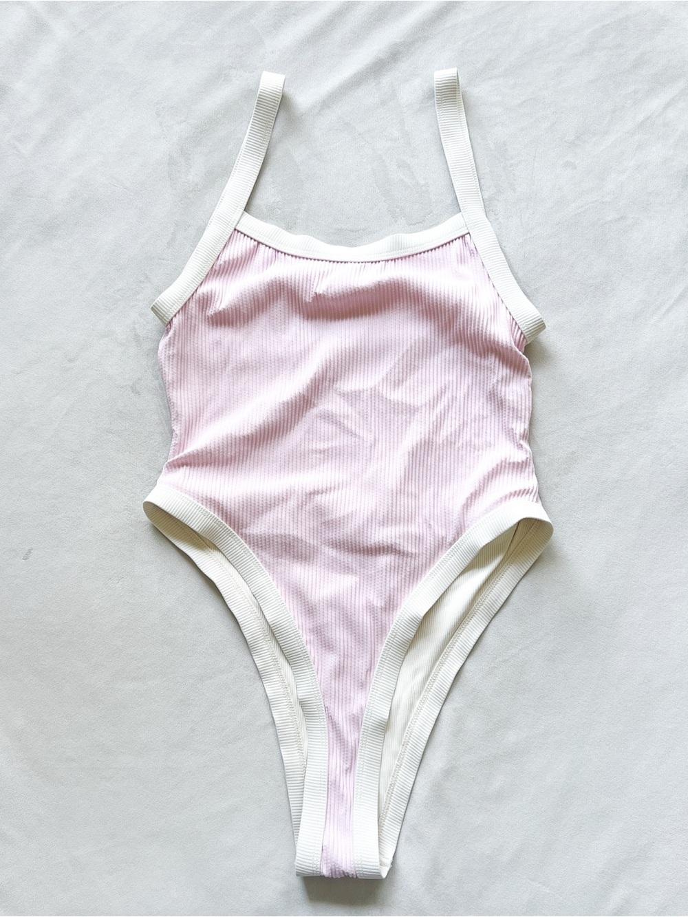 KYA Ribbed Light Pink One-Piece Swimsuit with White Trim - XL